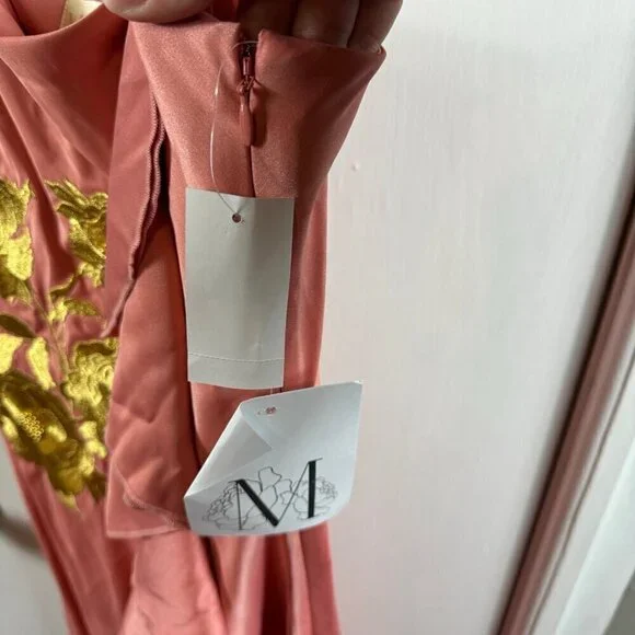 Mestiza New York Pink Satin Floral Appliqué Ruffle Gown Size 8